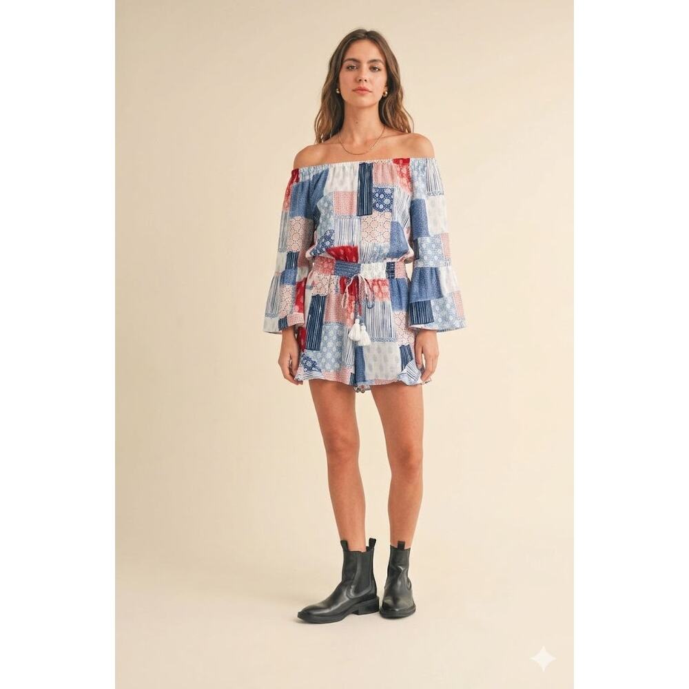 Cato Patchwork Cinched Waist Off-the-Shoulder Romper Small Americana Boho